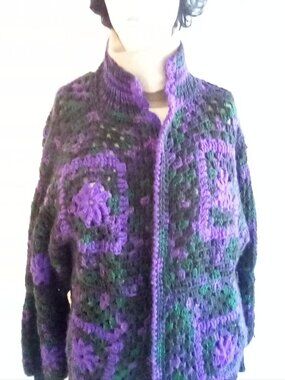 Hand Knit Original Granny Square Open Front Cardigan Size S/M